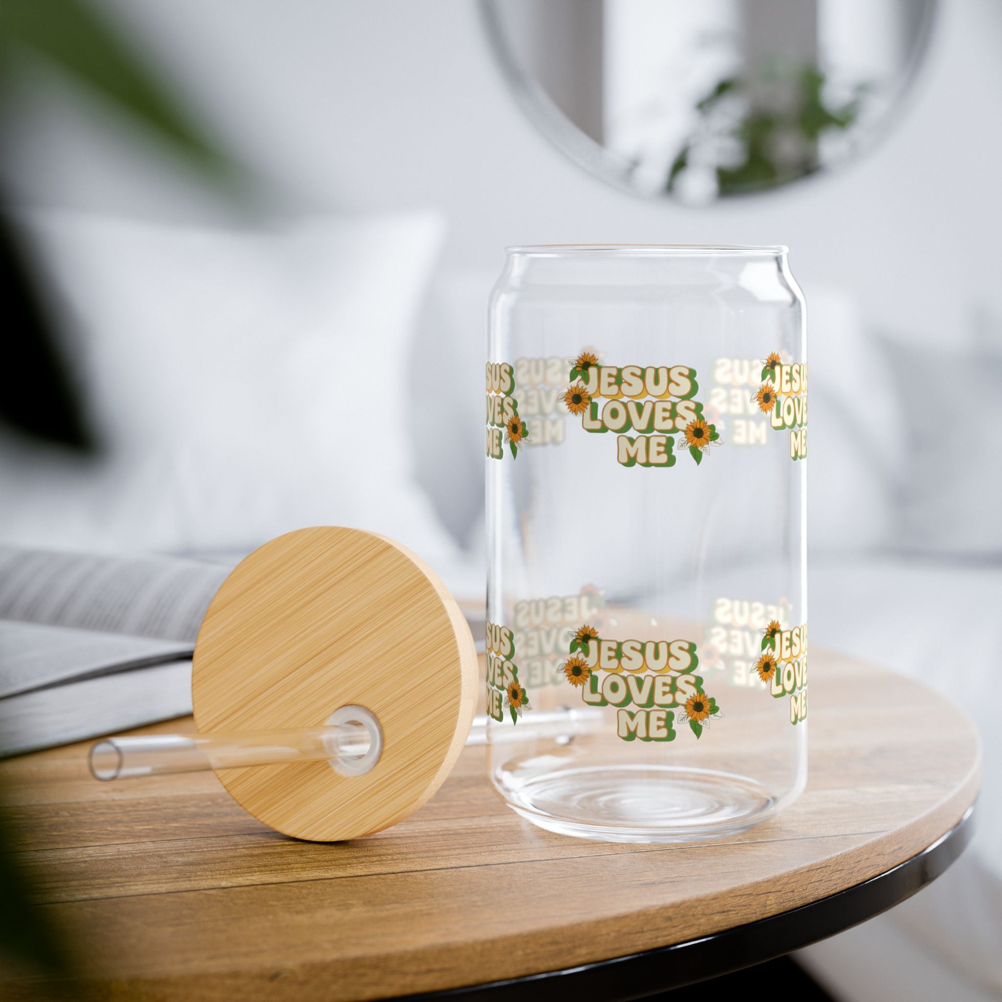 Jesus Loves Me Floral Glass Can Tumbler – 16oz Straw & Bamboo Lid